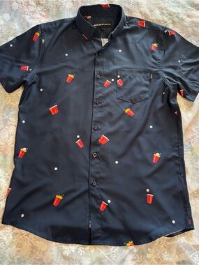 Molokai Surf Co. Men's M Blue Red Cup Beer Graphic Print Button-Up Shirt